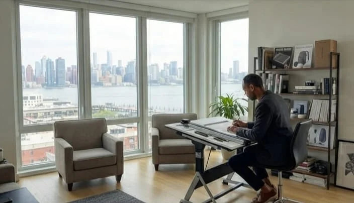Designer at a drafting desk in an office overlooking the city skyline